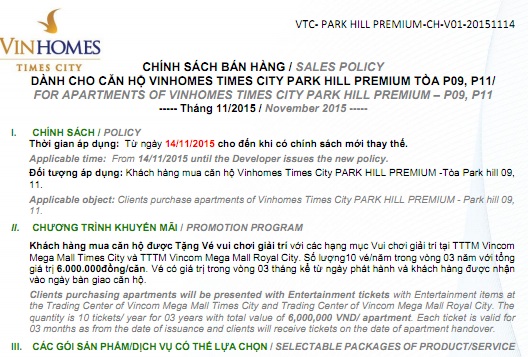 Chính sách bán hàng Park 9 - 11 Times City Park Hill Premium